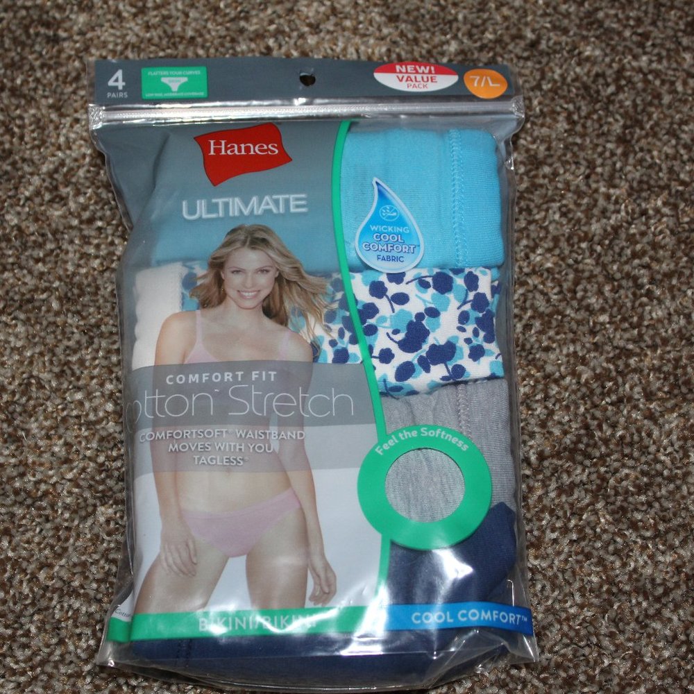 NWT Hanes Bikini Panties 4 pack Multicolor Cotton Stretch 7/L